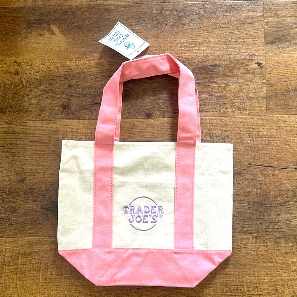Trader Joe’s Pink Mini Canvas Tote Bag w/ pockets on both sides purple logo NWT